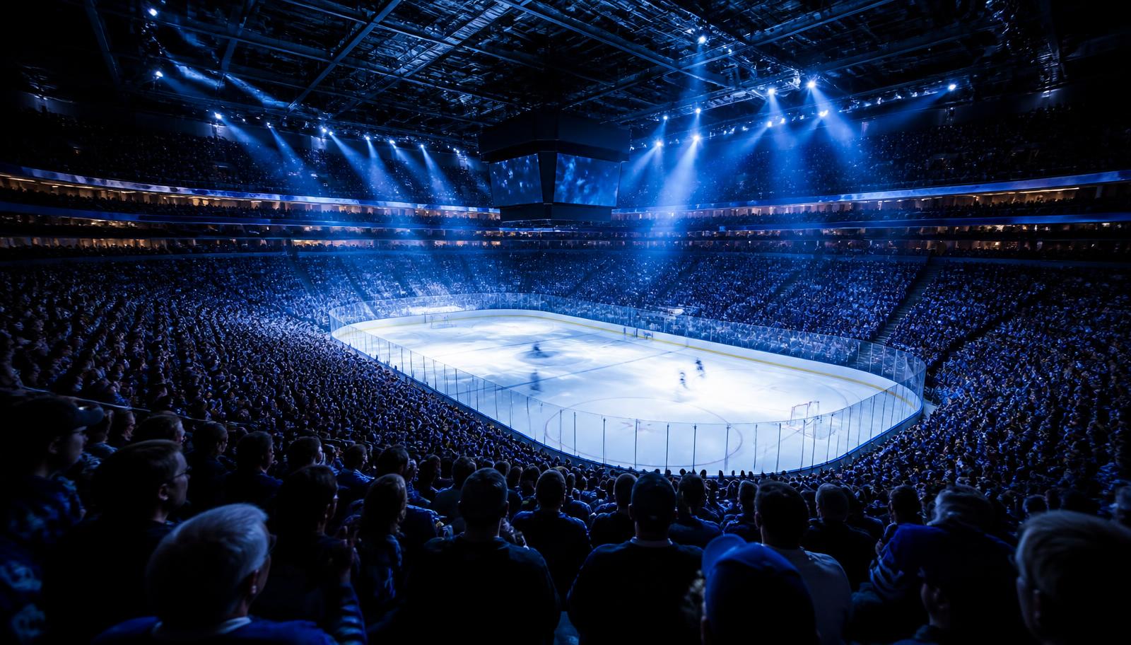 Hockey arena bathed in blue light during a Maple Leafs home game