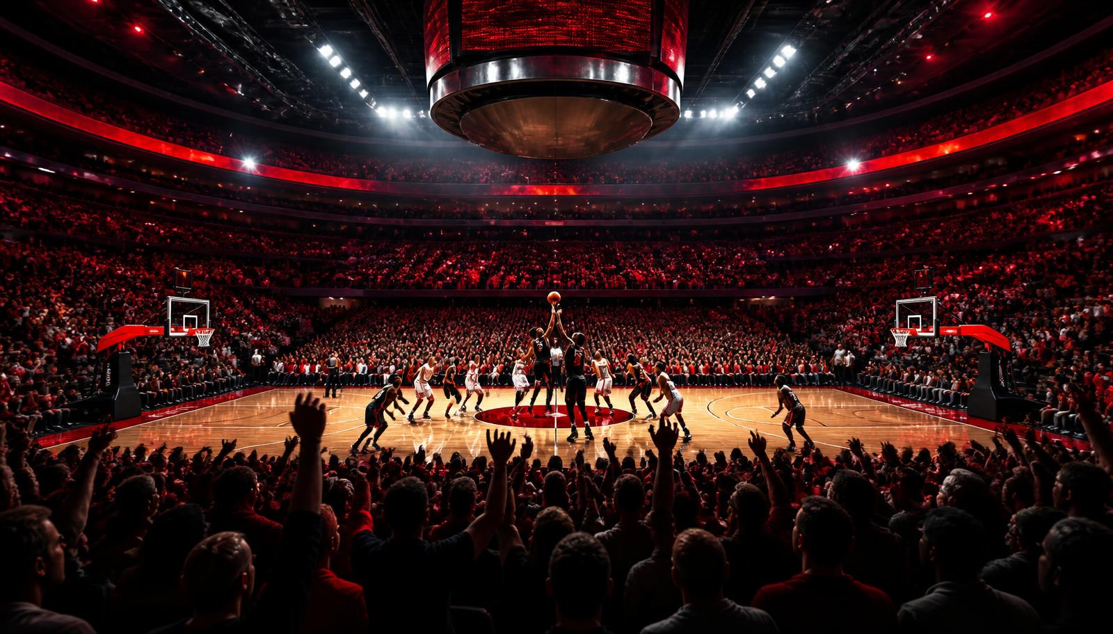 Basketball arena bathed in red light during a Raptors home game