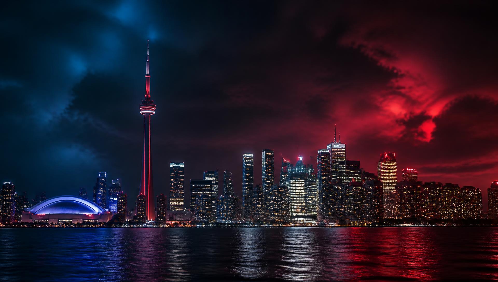 Toronto skyline at dusk in blue and red arena light
